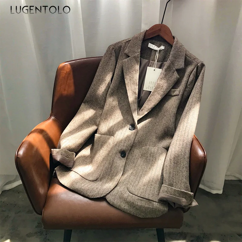 Lugentolo женские блейзеры новые осенние свободные костюмы с узором в елочку винтажные однобортные корейские повседневные женские блейзеры с длинным рукавом