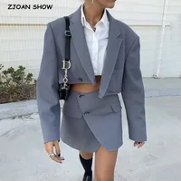 Vintage Sexy One Button krótki kobiety sztruks Blazer wysokiej talii nieregularne krzyż szczelina Mini spódnica kombinezony z długim rękawem 2 sztuk zestaw