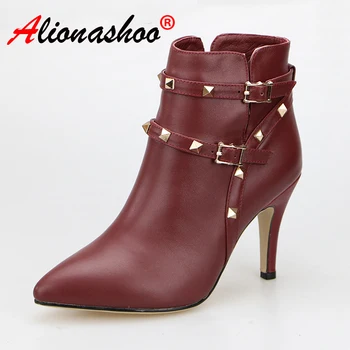 

Women Studded High Heel Ankle Boots Black Vintage Genuine Leather Boots Women Spring Autumn Stiletto Heel Women Booties Size 44