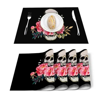 

Skull Flowers Black Placemat Washable Cotton Linen Table Cloth Pad Mat Rectangle Placemats Heat Resistant