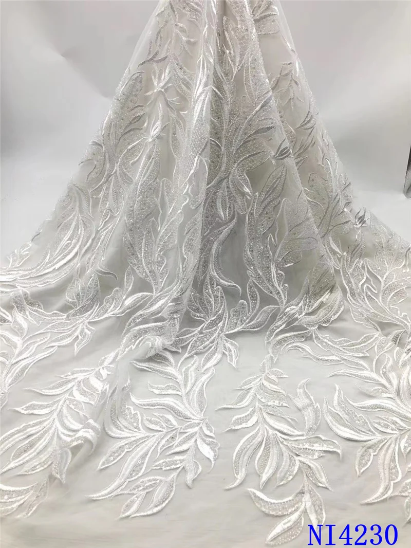 

French Handmade Beaded Tulle Lace Fabric Hot Sale Nigerian Lace Fabrics White African Lace Fabric For Wedding Party NI4230-4