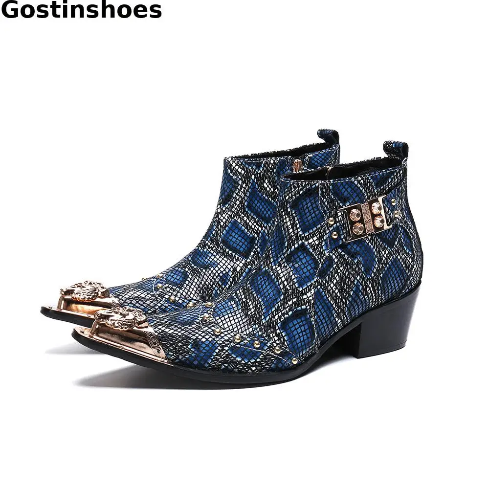 

Blue Snake Skin Printed Genuine Leather Men's Short Boots Buckle Strap Side Zipper Stainless Steel Cap Toe Men Ankle Boots
