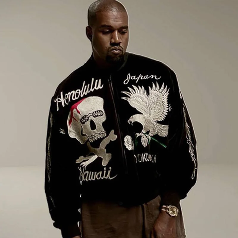 

kanye west Style Men Bomber Jacket Skull Eage Floral Letters Emboridery Jacket for Men High Street Men Hip Hop Jacket