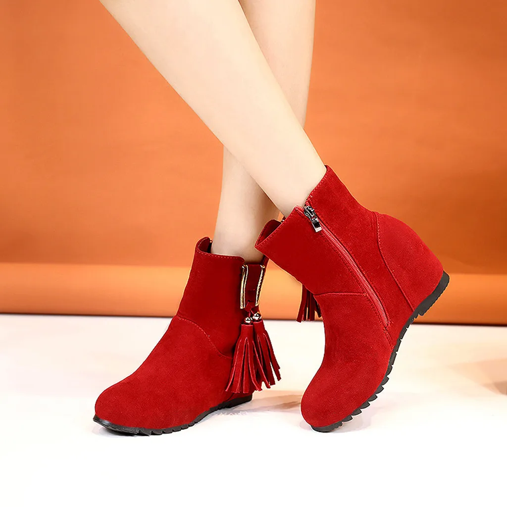 Tessels/женские ботинки на молнии; женская обувь; однотонная Байкерская обувь до середины икры на танкетке; цвет красный, черный, коричневый; обувь для девочек