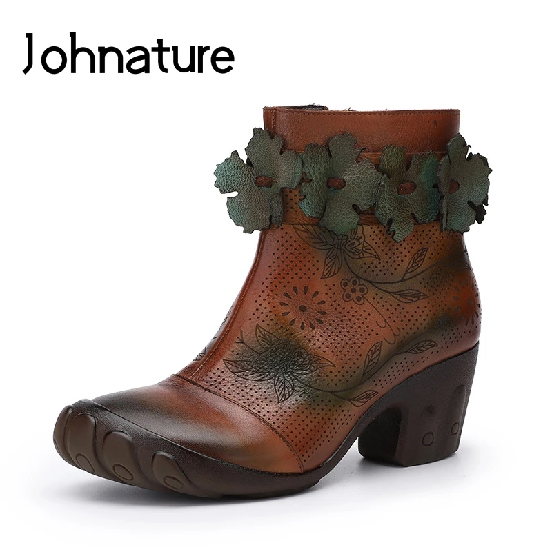 

Johnature 2019 New Retro Genuine Leather Ankle Boots For Women Round Toe Autumn Winter Zipper Floral Totem Handmade Women Shoes