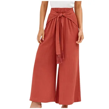 

2020 New Spring Fashion Wide Leg Pants Women Casual Solid Bandage Hight Waist Pockets Loose Long Pant