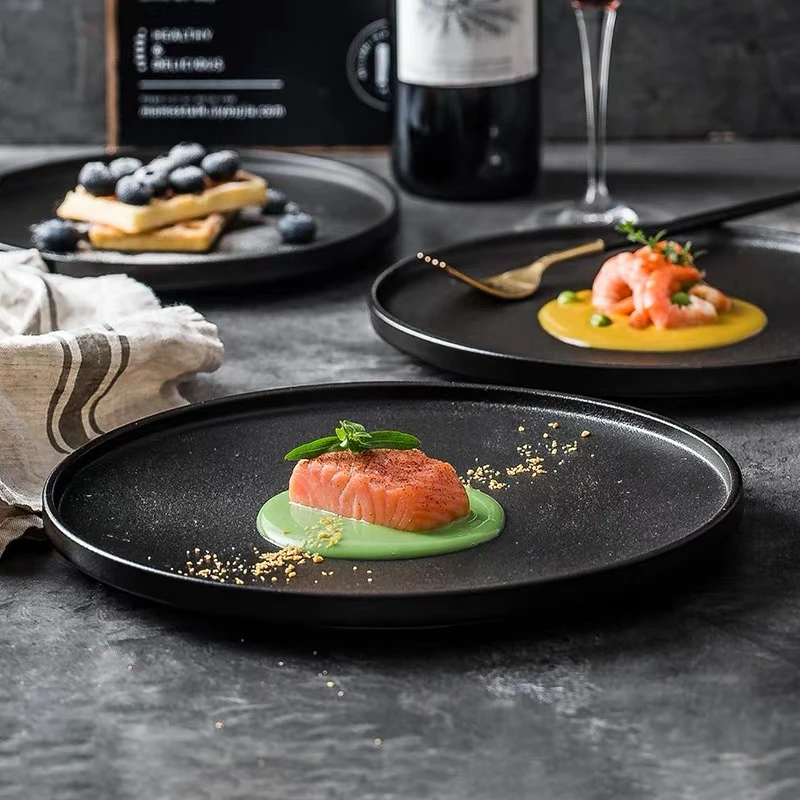 

8 9 10 Inch European Ceramic Black Deep Round Soup Plate Fish Salad Plate Tableware Matt Color Sallow Dish Salad Plate
