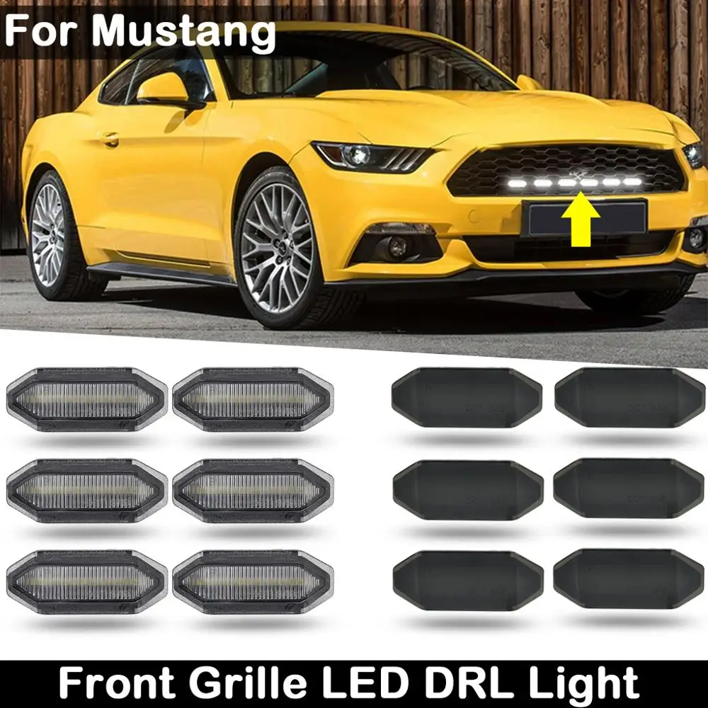 6Pcs Smoked Lens or Clear Front Upper Grill Mesh Grille White LED DRL Daytime Light For Ford Mustang 2015-2019 | Автомобили и