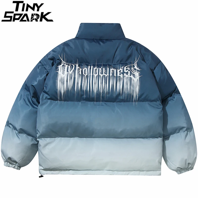 Padded Jacket Coat Parka Harajuku Winter Outwear Cotton Blue Gradient Hip-Hop Warm