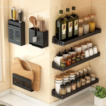 

Black Aluminium Kitchen Wall Mounted Dish Storage Rack Cutlery Organizer Knife Holder Seasoning Box Container Hooks Tooks