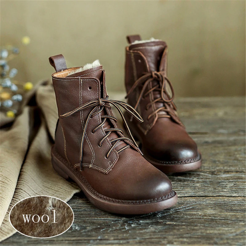 

British Retro Genuine Leather Short Tube Flat Leather Ankle Boots Women Autumn and Winter 100% Natural Wool Fur Snow Boots