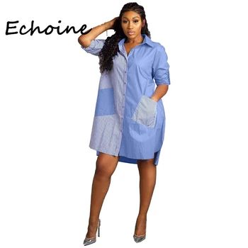 

Echoine Fahion Color Patchwork Striped Shirt Dress Irregular Loose With Bottom Turn Down Collar Women Summer Dress 2019 vestid