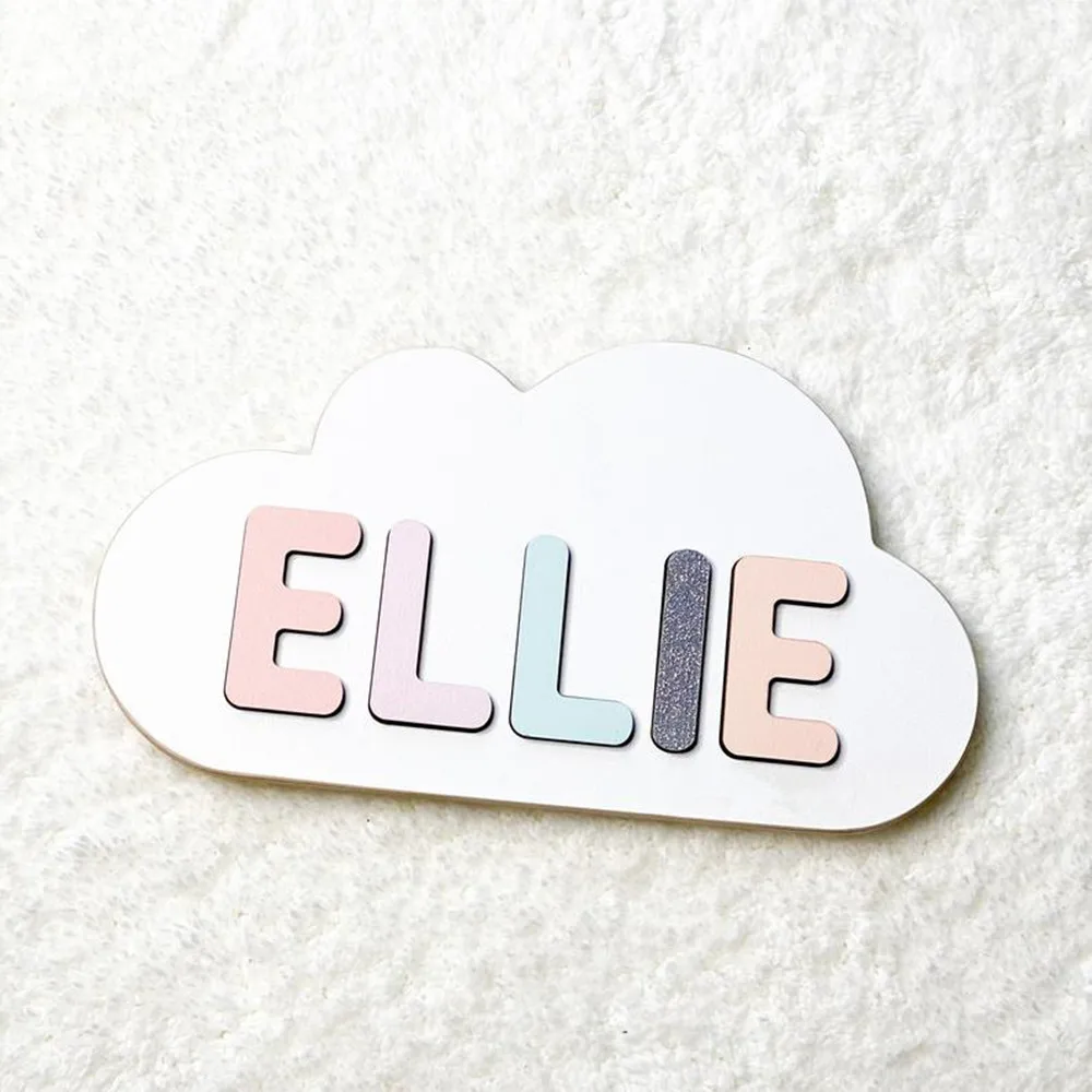 

Personalized pastel Cloud Wooden Name Puzzle toys Nursery Decor Girl First Birthday Kids Wooden name puzzles Newborn Gift