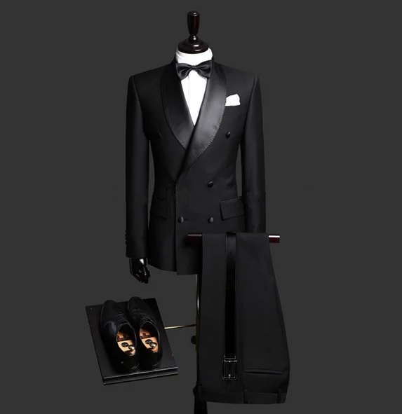 

Black Color 2pcs Shawl Collar Business Double Breasted Men's Suits Coat Wedding Tuxedos(Jacket+Pants)Custom Made Men Suits Set