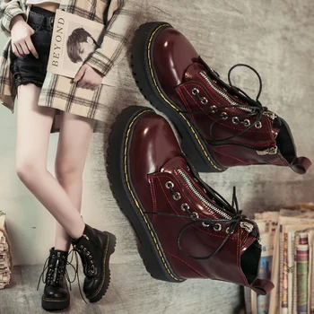 

Women's Short Boot Med Heel Boots Fashion Womens Shoes 2019 Booties Ladies Round Toe Lace Up Ankle Punk Rock Autumn Leather