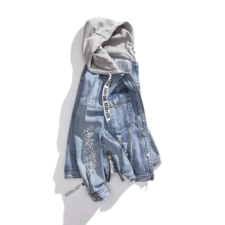 

2019 Large Size WOMEN'S Dress Jacket Spring New Style Fashion Fat Mm with Holes Hooded Joint Jeans Coat Women's