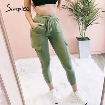 

Simplee Elastic waist sweatpants women Casual pockets lace up skinny pants female trousers High waist streetwear ladies pants
