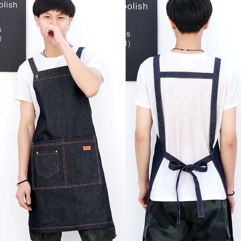 韓国語バージョンのデニムエプロンファッションキッチンカフェショップマニキュア塗装男性と女性オーバーオール子供カスタムロゴ エプロン Aliexpress