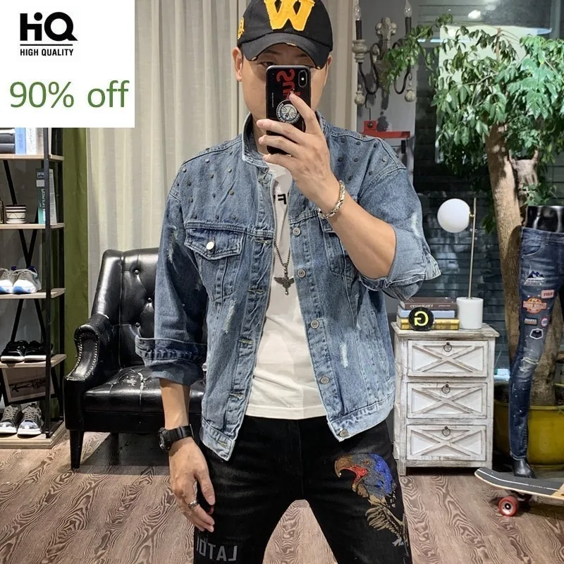 

Spring Autumn Long Sleeve Single Breasted Mens Denim Jackets Korean Rivet Hole Ripped Slim Fit Male Coats Plus Size Streetwear