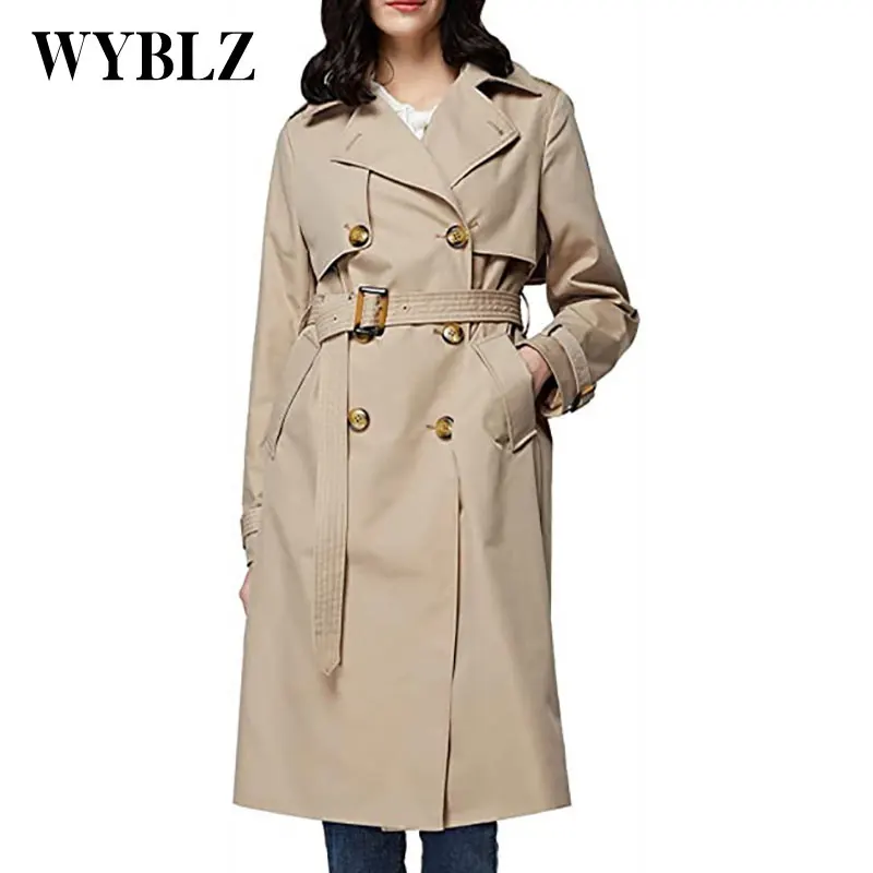 

Женский двубортный Тренч с поясом, элегантная офисная Длинная Верхняя одежда с отложным воротником и длинным рукавом, осень 2021