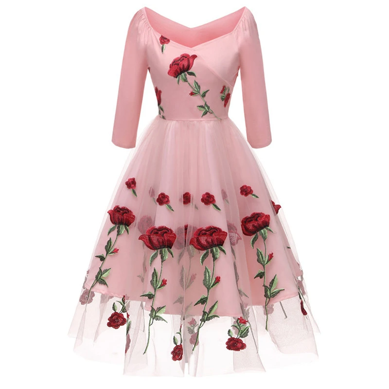 

New Fashion Embroidered Tutu Dress Women Spring Romantic Rose Dress Vintage Ball Gown Mesh Dresses Plus Size