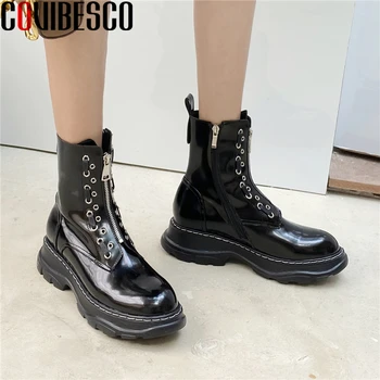 

COVIBESCO Genuine Leather Ankle Boots For Women Autumn Winter Platform Shoes Woman Fashion Casual New Rivets Front Zipper Boots