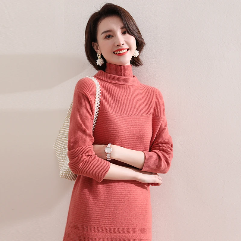 Positive and negative knitting Dresses Thick Warm Women 100% Pure Goat Cashmere Knitted Dress Winter Turtleneck 4Colors | Женская одежда