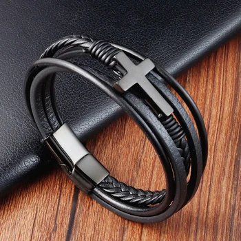 Luxury Multicolor Cross Design Classic Stainless Steel Men's Leather Bracelet  Choose Handsome Men's Gifts