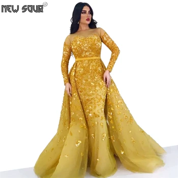 

Yellow Muslim Beaded Evening Party Gowns Dubai Design Detachable Skirt 2020 Handmade Turkish kaftans Middle East Prom Dresses