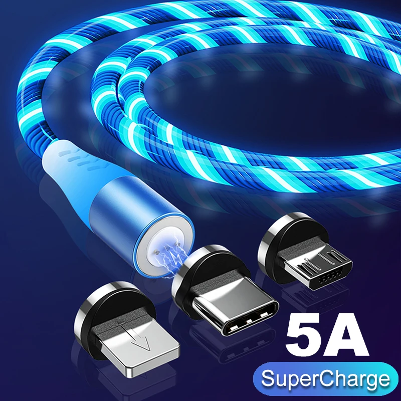 Магнитный светящийся кабель Micro USB 5A светодиодный светильник Type c зарядный SuperCharge 8