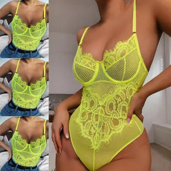 

One-Piece Bra Brief Sets Women Lingerie Deep V Neck Lace Fluorescent green hollow out Babydoll Bodysuit underwear