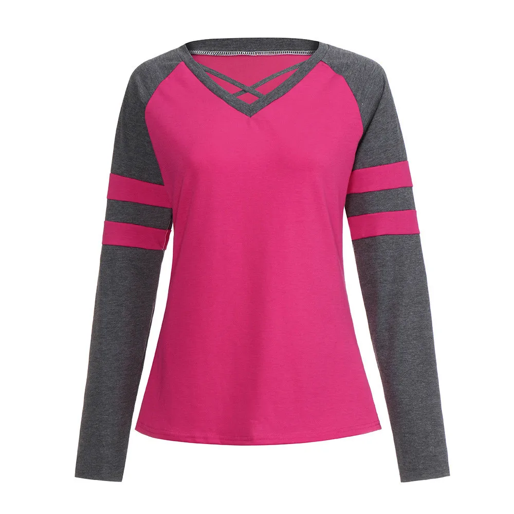 hot pink Женская футболка, сексуальная, v-образный вырез, длинный рукав, пэчворк, крест, футболка, футболки и топ, Harajuku Camiseta Mujer, топ, футболка, Poleras - Цвет: hot pink