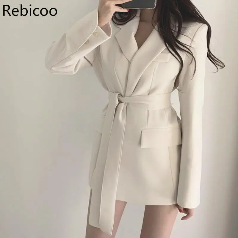 

Осенне-зимние женские куртки, Офисная Женская официальная верхняя одежда на шнуровке с отложным воротником, элегантные белые и черные топы rebicoo