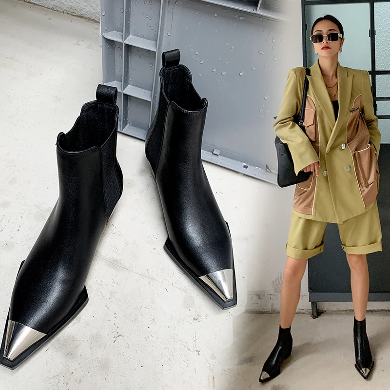 Classic Spring/Autumn Chelsea Boots Cool Metal Pointy Ankle Boots for Women Toe Square Heel Shoes Woman Basic Boots Black Rubber