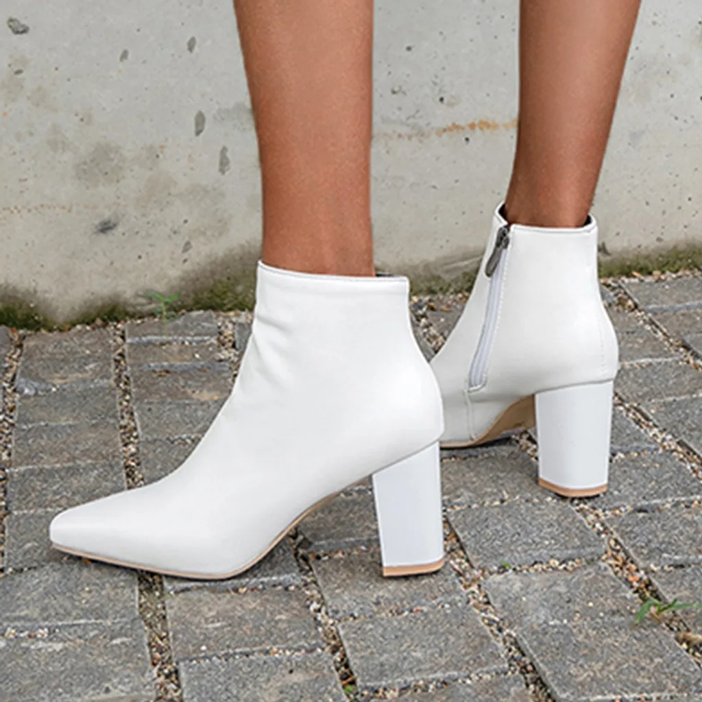 

Fashion Pure Women's leather boots Square Toe zipper boots women Chunky Heels Vintage ankle boots for women chaussures femme