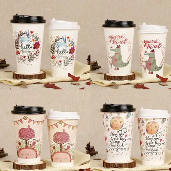 

50pcs Creative cartoon disposable coffee cup 500ml juice beverage packaging cups party favor drink paper cup with black lids