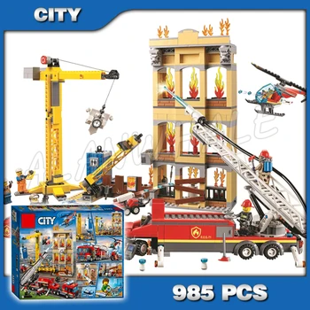 

985pcs City Arctic Downtown Fire Brigade Ladder Truck Crane Helicopter 11216 Figure Building Blocks Boys Compatible with Lago