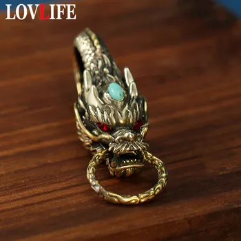 

Chinese Beast Dragon Keychain Brass Metal Keyring Men Belt Waist Buckle Hanging Jewelry Car Key Chain Ring Luxury Husband Gifts