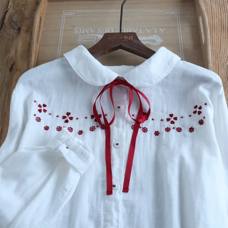 Рубашка с вышивкой двухслойная хлопковая белая рубашка воротником Питер Пэн и