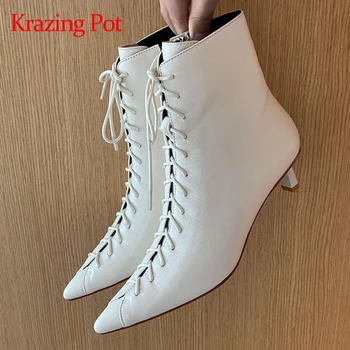 

Krazing pot Korean style vintage cross-tied short boots thin med heel pretty girls dating charming fashion solid ankle boots L95