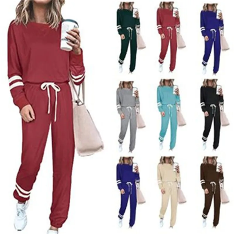 

2020Solid Color Breathable Casual Tracksuit Women Sports 2 Pieces Set Sweatshirts Pullover Suit Home Sweatpants Outfits