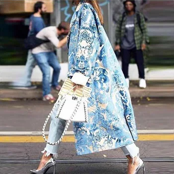 

Woman Coats Spring 2020 Fashion Turn-down Collar Single Breasted Long Print Casual Thin Jacket Loose Long Sleeve Blue Coat