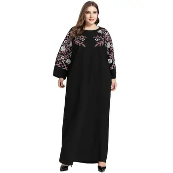 

Women Elegant Floral Embroidery Black Maxi Dress Long Bat Sleeve Cotton Blend Casual Muslim Abaya Loose Big Size 152 cm Bust