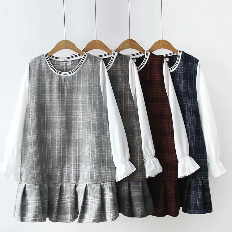 

2019 Spring New Style College Style Woolen Pattern Mock Two-Piece Dress WOMEN'S Short Skirt Four Colors