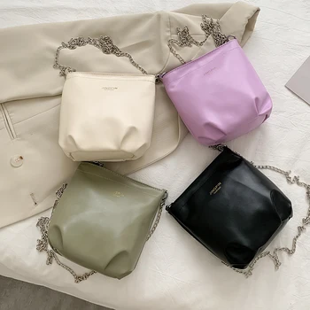 

Simple Women Shoulder Handbag PU Chain Fashion Pleated Bucket Crossbody Pouch Fashion Exquisite Shopping Bag