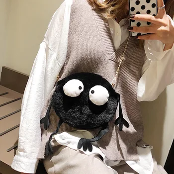 

Spirited Away A Voyage of Chihiro Briquette Female bag Black Wool Cloth with Soft Nap Oblique Cross Package Smiling Face Pa