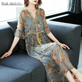 

Real Silk Dress Women Summer Dress Print Floral Dresses Long Party Dresses Elegant Office Wear Vestidos Verano LWL1520