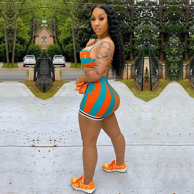 Kricesseen Fashion Striped Print Two Pieces Shorts Set Women Tracksuit Set Striped Top And Shorts Suits Matching Set Plus Size