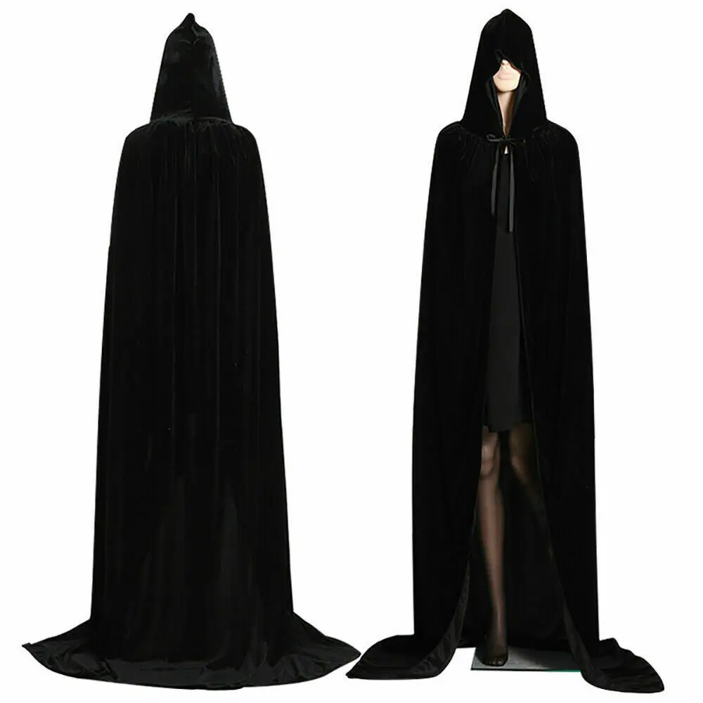 Gothic Hooded Cloak Adult Elf Witch Long Purim Carnival Halloween Cloaks Capes Robe Larp Women Men Vampires Grim Reaper Party - Цвет: Черный