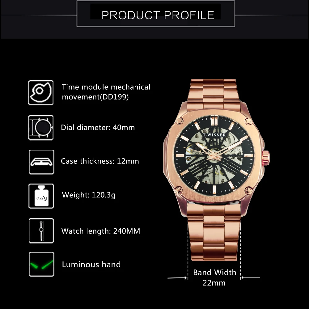 Tanie Zwycięzca oficjalny Vintage automatyczny zegarek mężczyźni szkielet mechaniczne męskie zegarki Top marka luksusowe Rose złoty klasyczna sukienka zegar